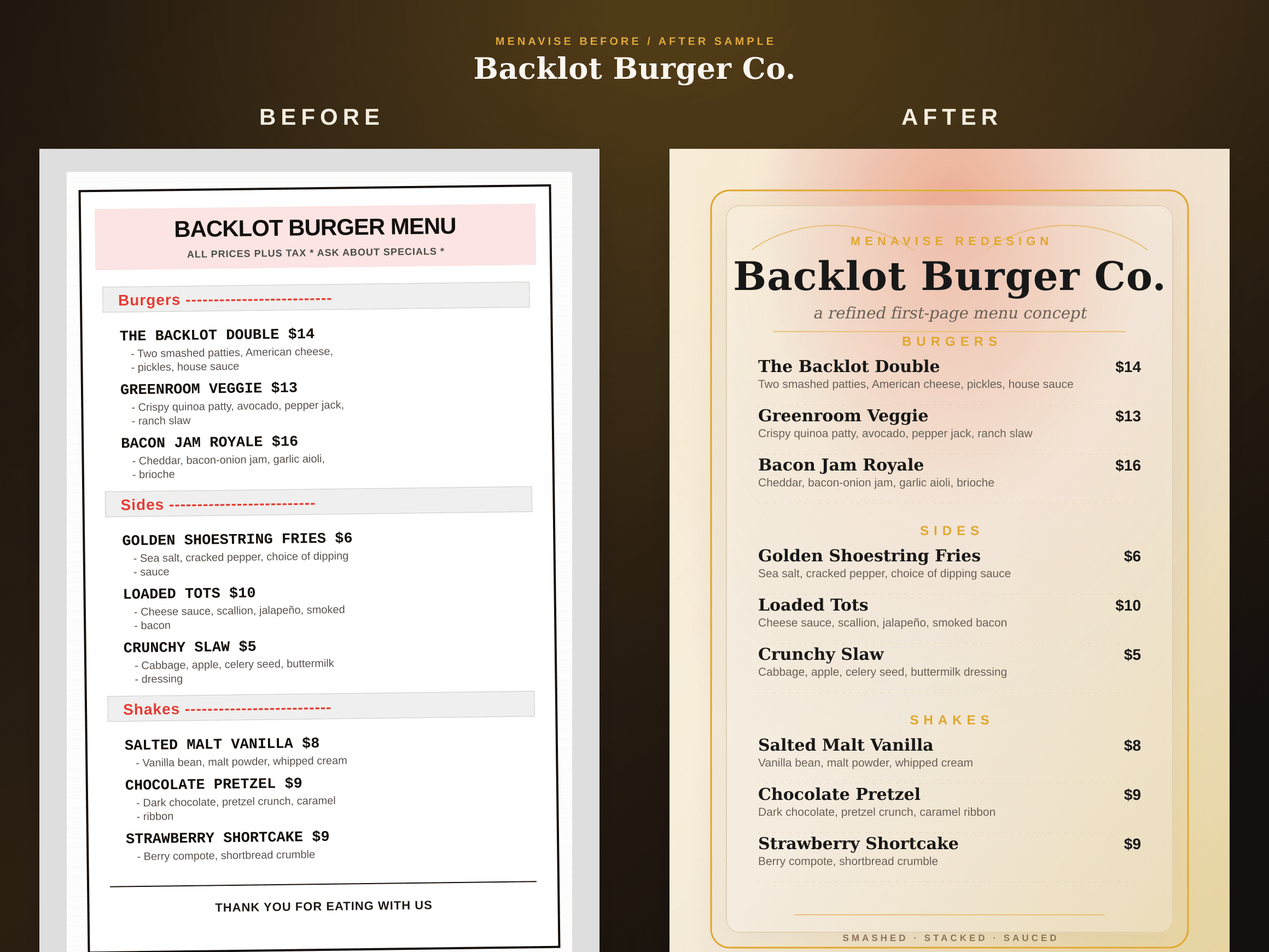 Before and after burger restaurant menu redesign example