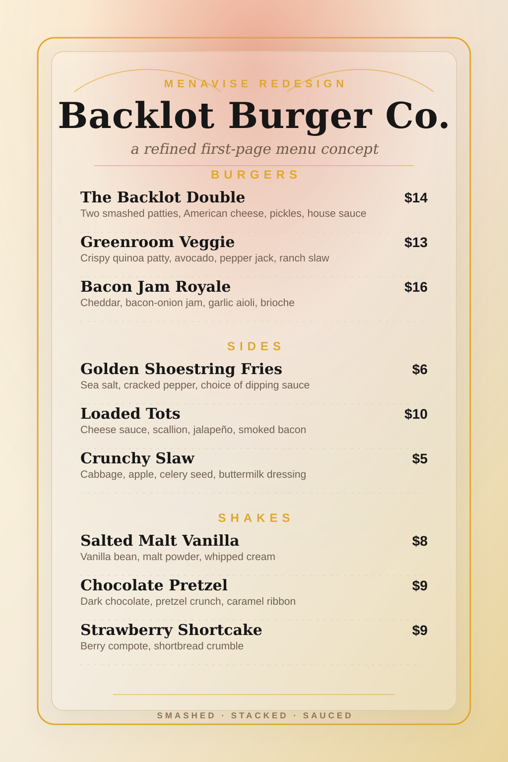 The Classic Burger Co. after Menavise AI menu redesign — bold appetizing American burger restaurant menu