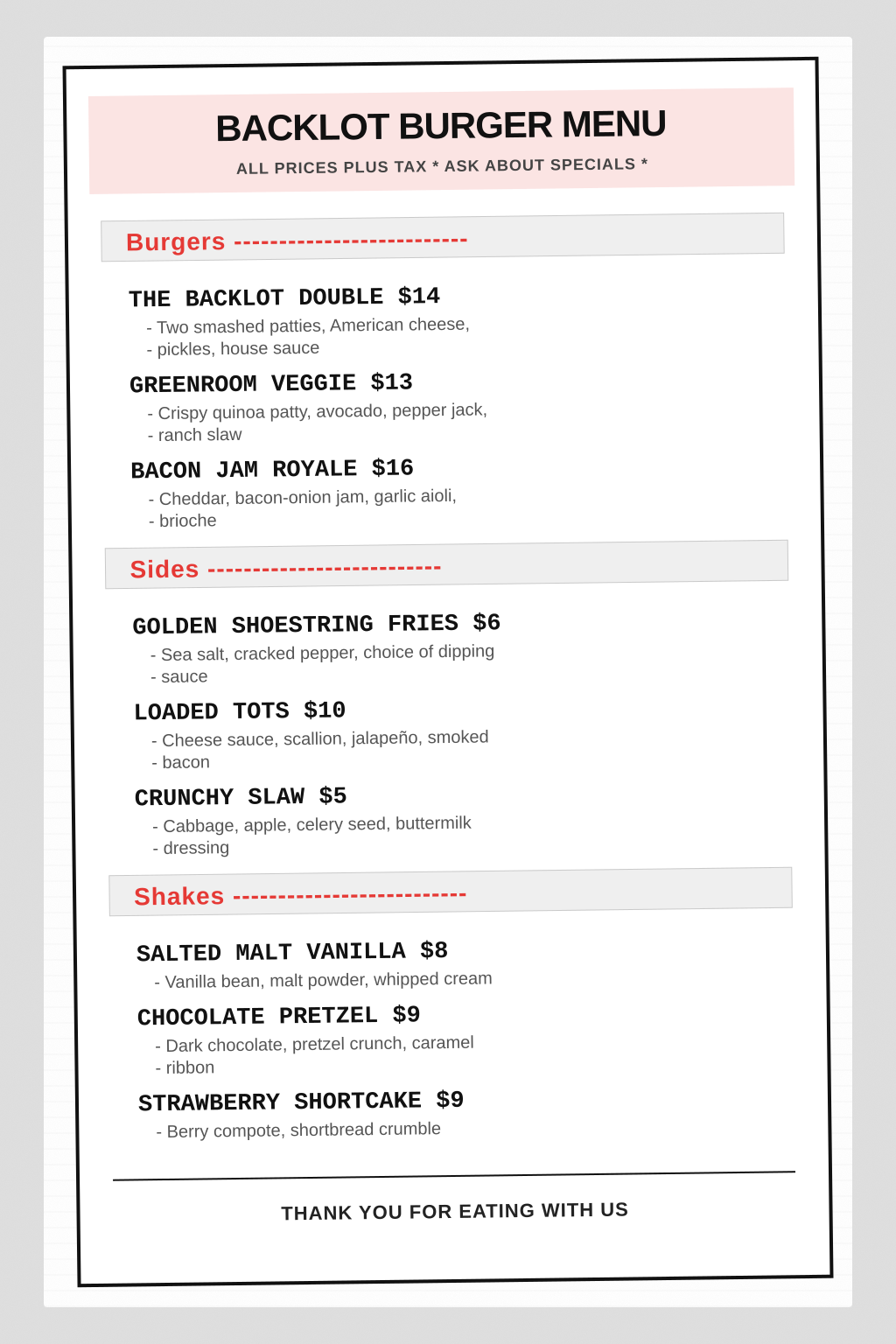 The Classic Burger Co. original American grill menu before AI redesign — basic unbranded menu layout