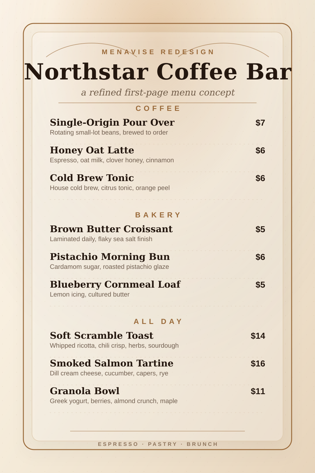 The Corner Coffee House after Menavise AI menu redesign — artisan café menu with warm typography and clear coffee menu layout
