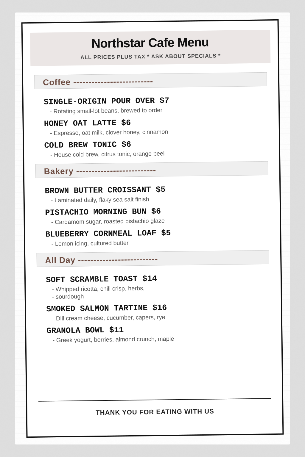 The Corner Coffee House original café menu before AI redesign — plain text, no visual hierarchy