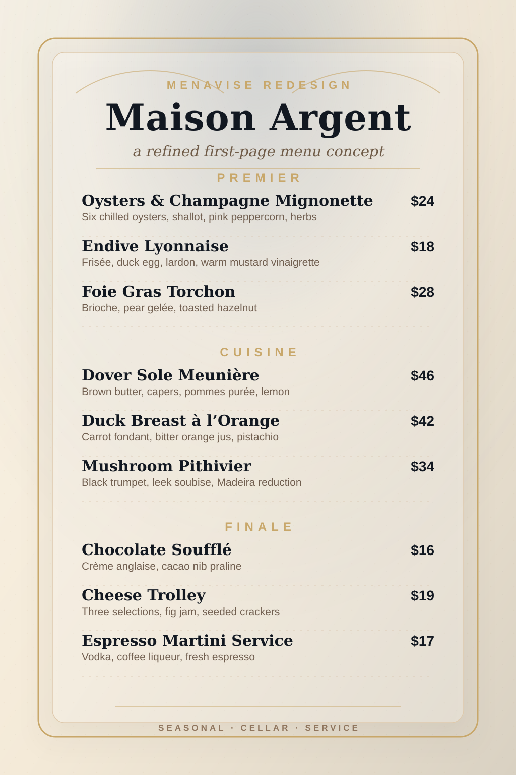 Bistro Laurent after Menavise AI menu redesign — luxury fine dining menu with ivory tones, gold accents and refined whitespace