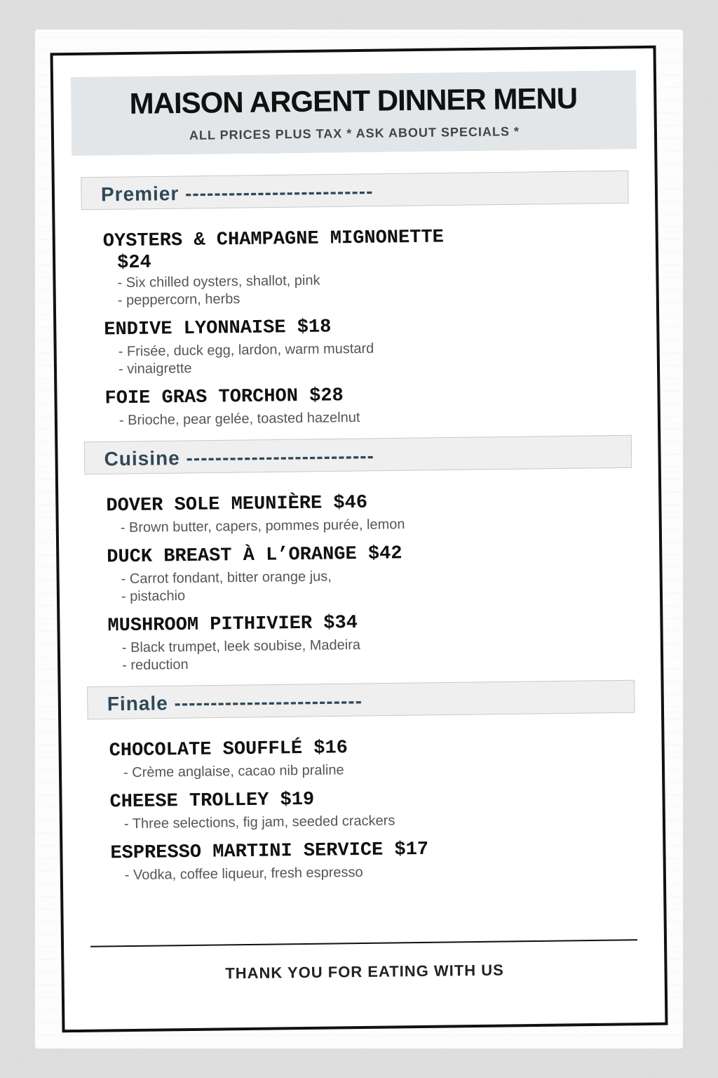 Bistro Laurent original fine dining restaurant menu before AI redesign — unformatted plain menu