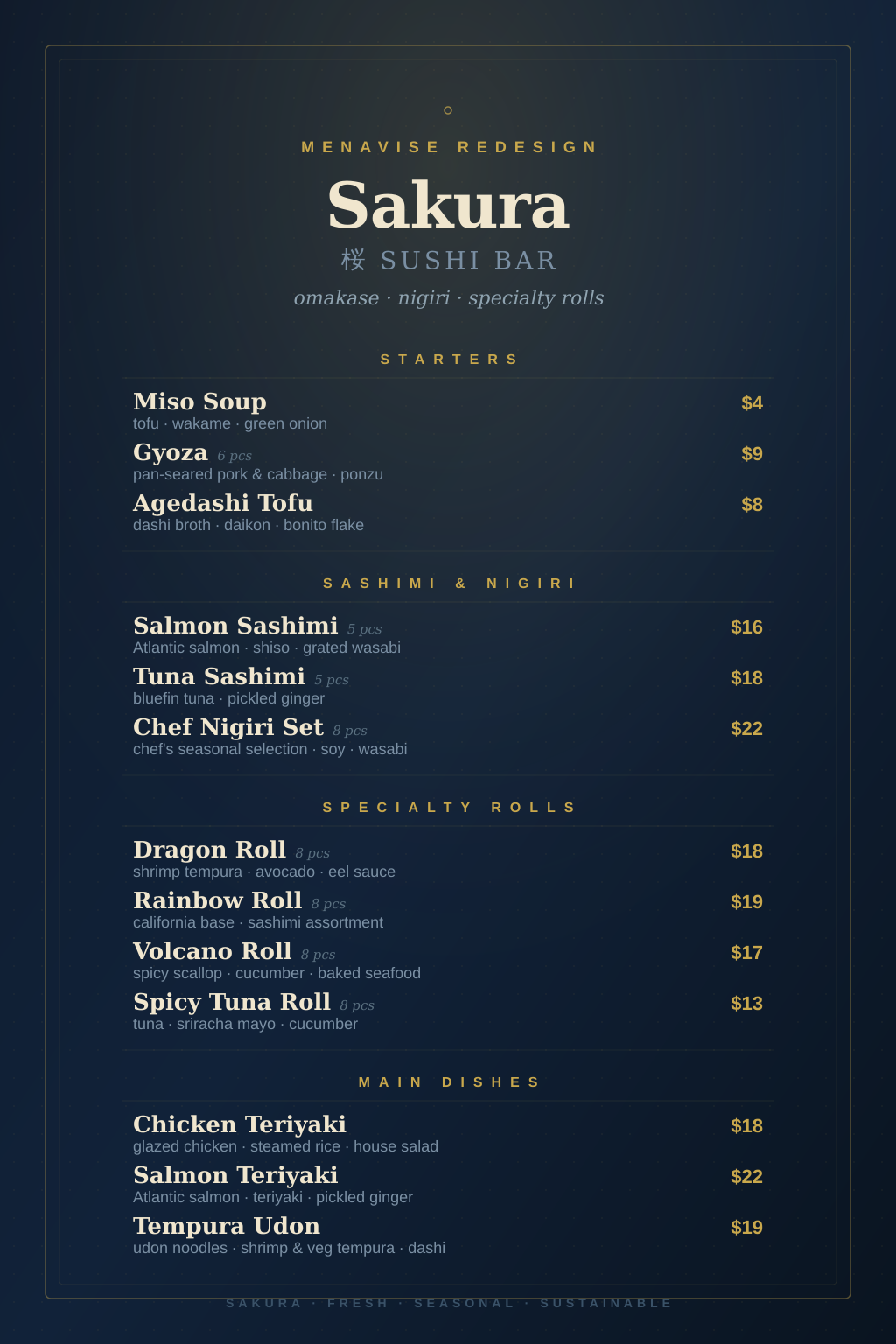 Sakura Sushi Bar after Menavise AI menu redesign — elegant Japanese sushi bar menu with navy and gold editorial layout