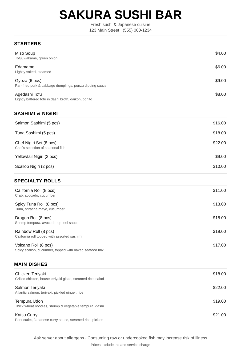 Sakura Sushi Bar original Japanese restaurant menu before AI redesign — plain text sushi menu, no visual design