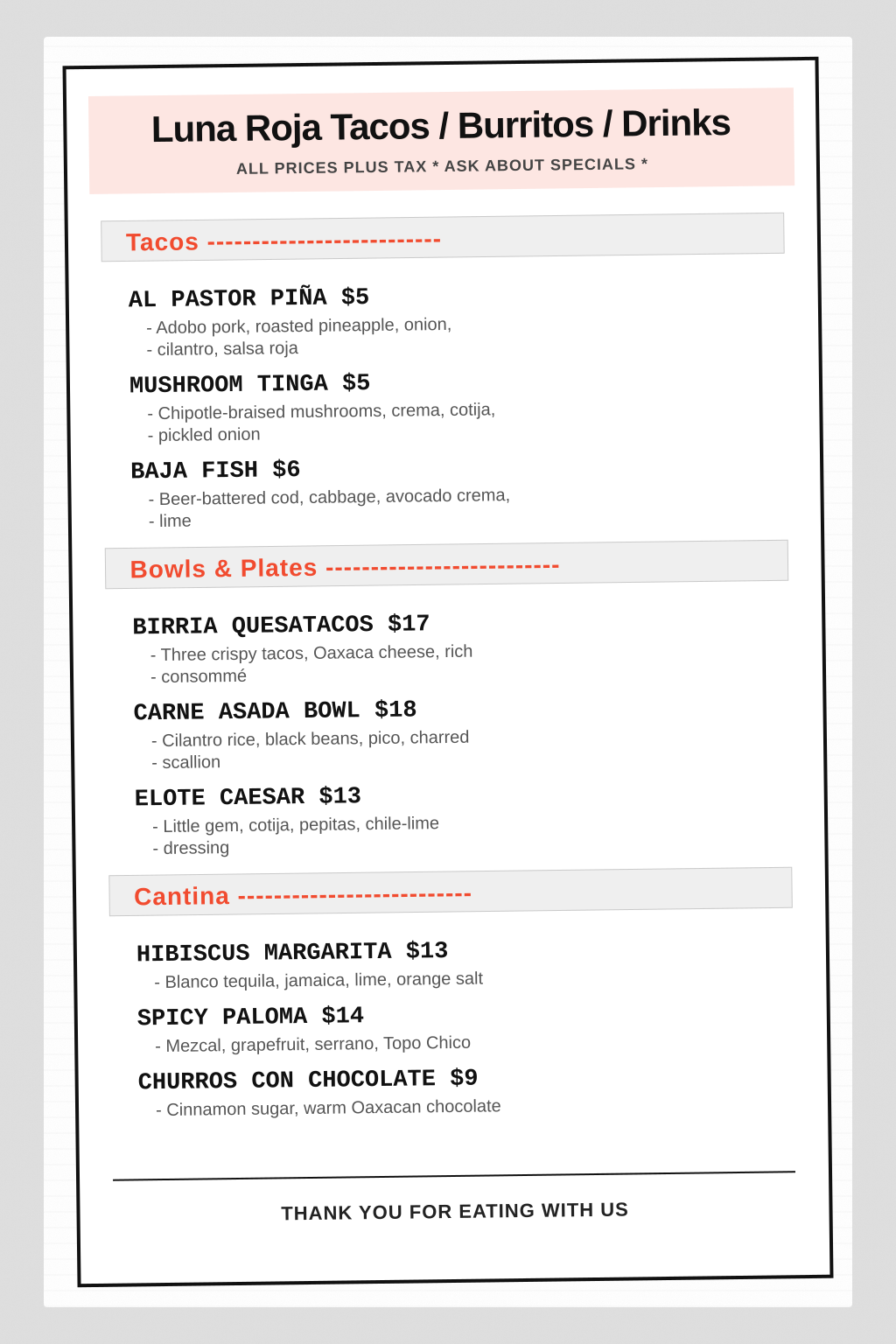 Casa Taqueria original Mexican restaurant menu before AI redesign — basic undesigned layout