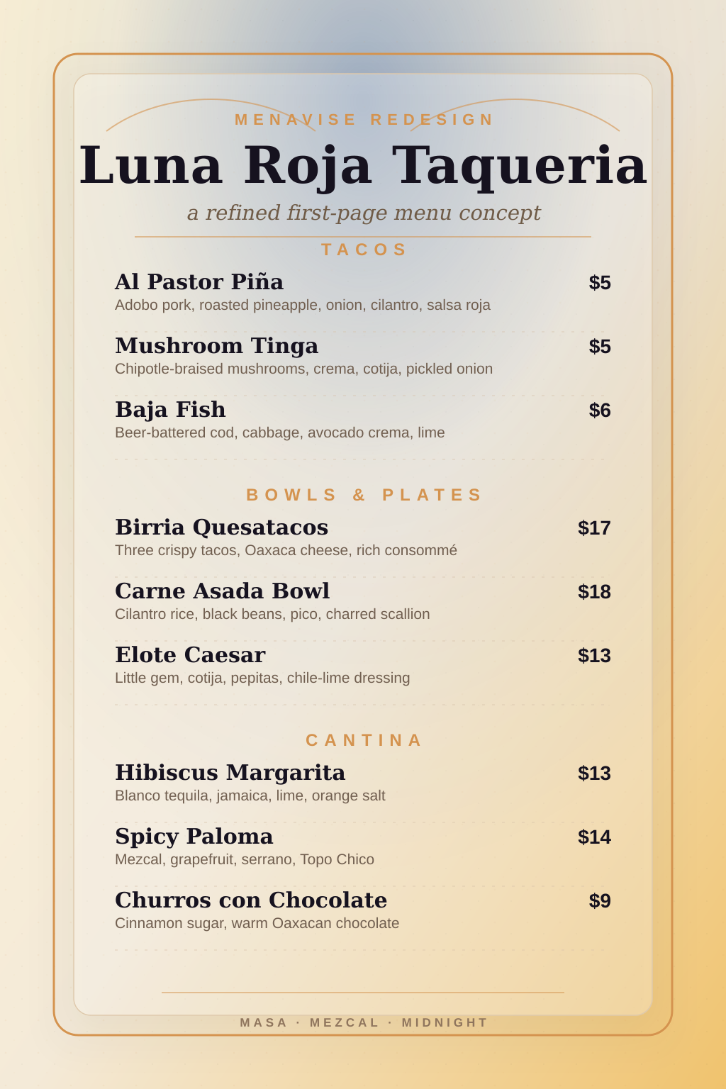 Mexican taqueria menu after Menavise AI redesign — bold vibrant street-food identity with clear category flow and appetizing design